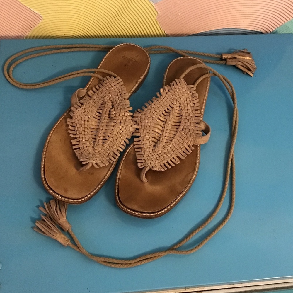 Joie Woven Tassel Lace-Up Sandals in Tan